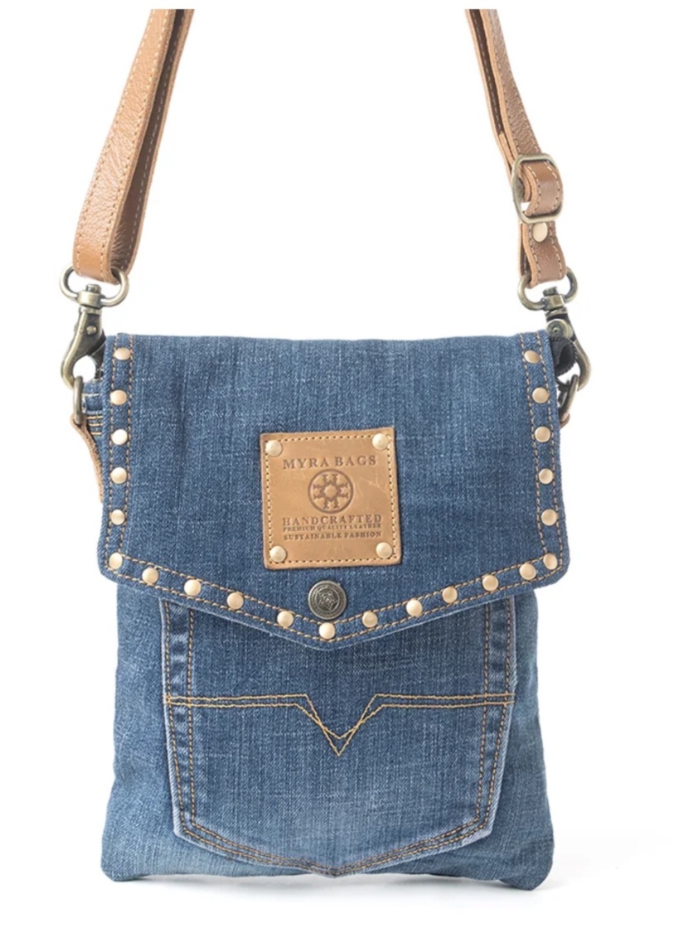 Myra Bag Blue Denim Crossbody with Tan Trim and Stud Accents